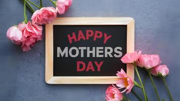 ai generiert veröffentlichen glücklich Mütter Tag Tafel mit Rosa Blumen auf texturiert Papier foto