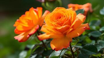 ai generiert Bild Gartenarbeit Konzept Banner mit Orange Rosen im Garten Hintergrund foto