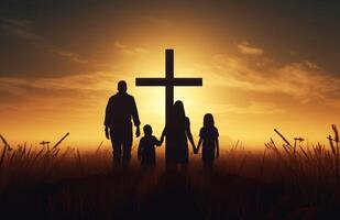 ai generiert Silhouette von ein Familie Gehen durch das Feld, mit ein leeren Kreuz im das Hintergrund foto