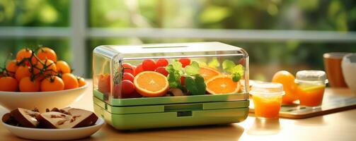 ai generiert ein Mittagessen Box mit Frucht, Brot und Gemüse auf ein eben Tabelle foto