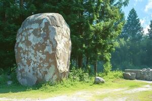 ai generiert Riese grau Stein Felsbrocken ruht neben ein Säule inmitten Grün Bäume foto