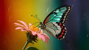 ai generiert Regen eingeweicht Schmetterling Sitzstangen auf Blume gegen farbig Hintergrund foto