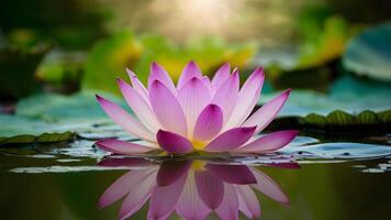 ai generiert schön lila Lotus Blume mit Sonne Fackel Über immer noch Wasser foto