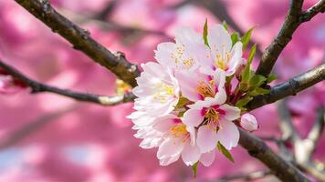 ai generiert schön Sakura Blume im voll blühen gegen Rosa Kirsche blühen foto