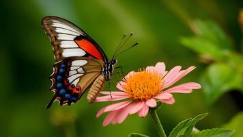 ai generiert Blau braun Schmetterling auf Blume gegen Schönheit Flügel Hintergrund foto