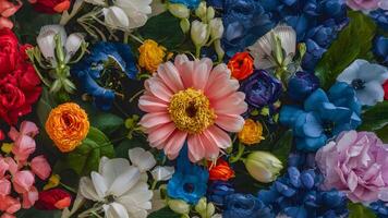ai generiert Blumen- Muster einwandfrei integriert in Stoff mit beschwingt Strauß foto