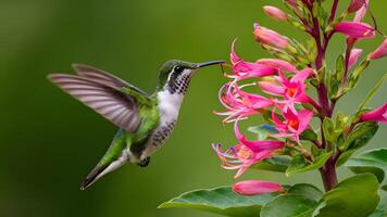 ai generiert anmutig Kolibri genießt Nektar von ein Schmetterling Busch foto