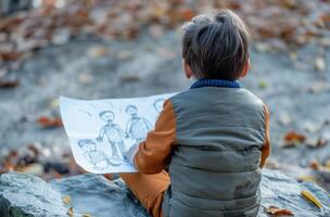 ai generiert Junge mit Familie Zeichnung im Herbst foto