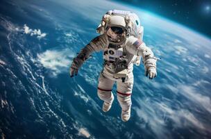 ai generiert amerikanisch Astronaut auf ein Weltraumspaziergang foto