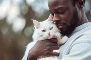 ai generiert Mann halten Weiß Katze foto