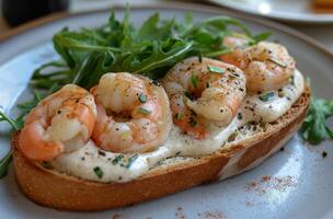 ai generiert Garnele Bruschetta mit Rucola foto