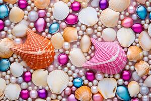 ai generiert bunt Perlen und Muscheln Hintergrund, Perlen und Muscheln Hintergrund, Perlen Hintergrund, Muscheln Hintergrund, ai generativ foto
