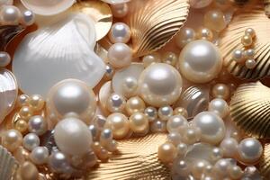 ai generiert golden Perlen und Muscheln Hintergrund, golden Perlen und Muscheln Hintergrund, golden Perlen Hintergrund, golden Muscheln Hintergrund, ai generativ foto