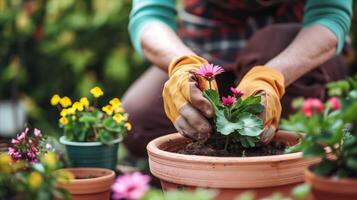 ai generiert Gärtner Pflanzen Blumen im Terrakotta Töpfe draußen foto