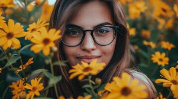 ai generiert Frau genießen Ruhe unter beschwingt Gelb Blumen foto