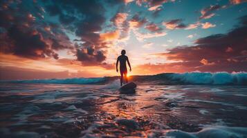 ai generiert Surfer Silhouette gegen dramatisch Sonnenuntergang auf Ozean Wellen foto