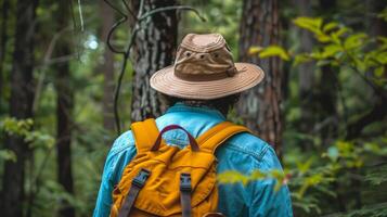 ai generiert Mann tragen Hut und Rucksack im das Wald foto