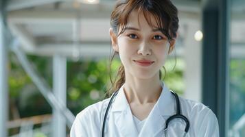 ai generiert Fachmann japanisch weiblich Arzt beim Arbeit im Krankenhaus foto