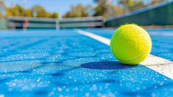 ai generiert hell Tennis Ball auf ein Blau Gericht mit verschwommen Hintergrund foto