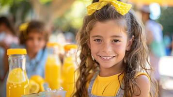 ai generiert jung Mädchen Verkauf hausgemacht Limonade beim Stall foto