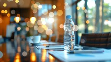 ai generiert Wasser Flasche auf Konferenz Tabelle mit Notizblöcke im Treffen Zimmer foto