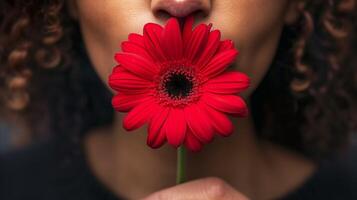 ai generiert Frau halten beschwingt rot Blume zu ihr Lippen sanft foto