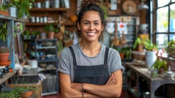 ai generiert zuversichtlich weiblich Unternehmer im ihr Pflanze Geschäft lächelnd foto