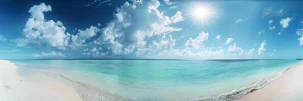 ai generiert schön sandig Strand mit Weiß Sand und hügelig Terrain, Meer, sonnig Wetter, Panorama- Sicht. foto