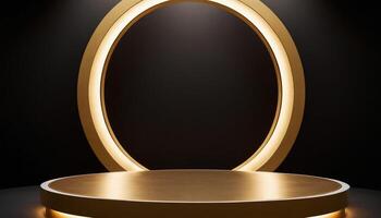 ai generiert leeren Gold Podium mit Gold Ring auf Hintergrund. 3d machen. dunkel abstrakt Luxus Hintergrund foto