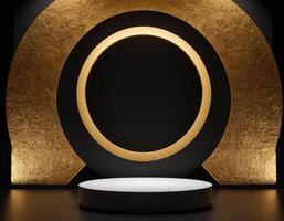 ai generiert leeren Gold Podium mit Gold Ring auf Hintergrund. 3d machen. dunkel abstrakt Luxus Hintergrund foto