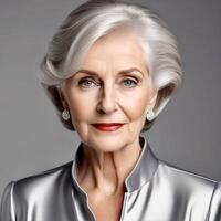 ai generiert Porträt elegant schön Alten Frau tragen Silber Bluse, grau Hintergrund, Minimalismus foto