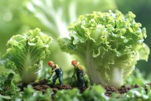 ai generiert Miniatur Arbeitskräfte pflegen das Land zum ein besser Ernte von Grün Salat foto