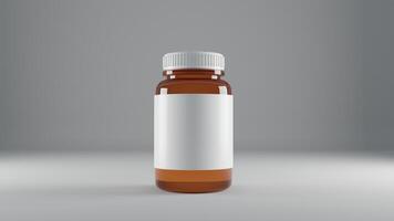 Flasche von Tabletten mit leer Etikette auf grau Hintergrund 3d Rendern foto