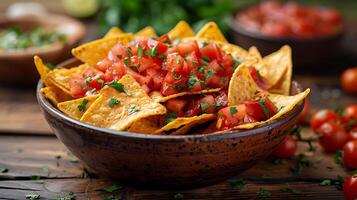 ai generiert frisch lecker Essen Nachos auf ein hölzern Tabelle schließen oben Aussicht foto