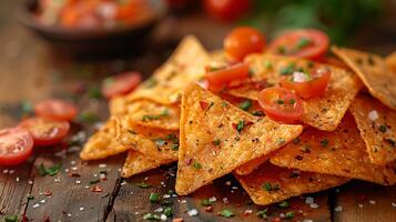 ai generiert frisch lecker Essen Nachos auf ein hölzern Tabelle schließen oben Aussicht foto