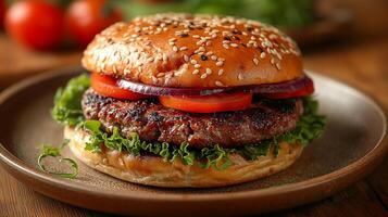 ai generiert frisch lecker Burger auf ein hölzern Tabelle foto