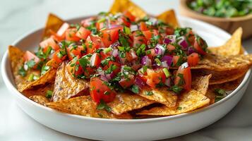 ai generiert frisch lecker Essen Nachos auf ein hölzern Tabelle schließen oben Aussicht foto