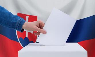 Wahlen, Slowakei. Wahl Konzept. ein Hand wirft ein Abstimmung in das Abstimmung Kasten. Slowakei Flagge auf Hintergrund. foto