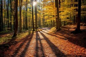 ai generiert Herbst Blätter auf ein Wald Pfad mit gesprenkelt Sonnenlicht. generativ ai foto