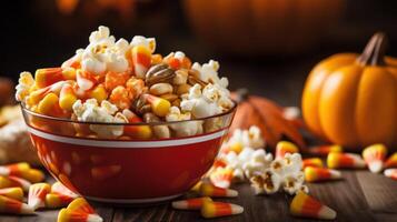 ai generiert Schüssel von Popcorn mit Süßigkeiten Mais gemischt In. generativ ai foto