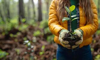 ai generiert Freiwillige Wiegen Setzling, Wald Nahansicht foto