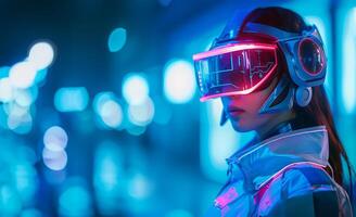 ai generiert futuristisch Frau mit vr, Neon- Blau foto