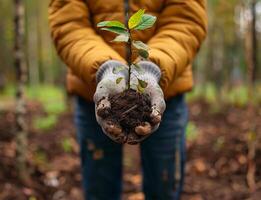 ai generiert Freiwillige Wiegen Setzling, Wald Nahansicht foto