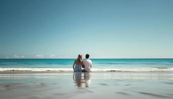 ai generiert Liebhaber Umarmung auf heiter Strand foto