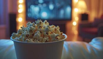 ai generiert gemütlich Film Nacht mit Popcorn Schüssel foto