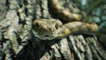 ai generiert bedrohlich Schlange getarnt im Wald foto