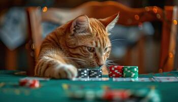 ai generiert strategisch katzenartig Katze spielen Poker Spiel foto