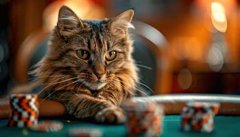 ai generiert katzenartig Poker Gesicht Katze unter Glücksspiel Chips foto