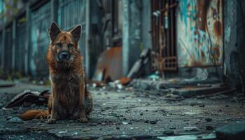 ai generiert verwüsten Deutsche Schäfer ein streunend Hund links allein im das städtisch Wildnis foto