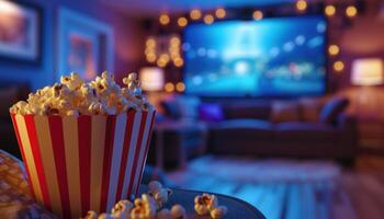 ai generiert gemütlich Film Nacht beim Zuhause mit Popcorn foto